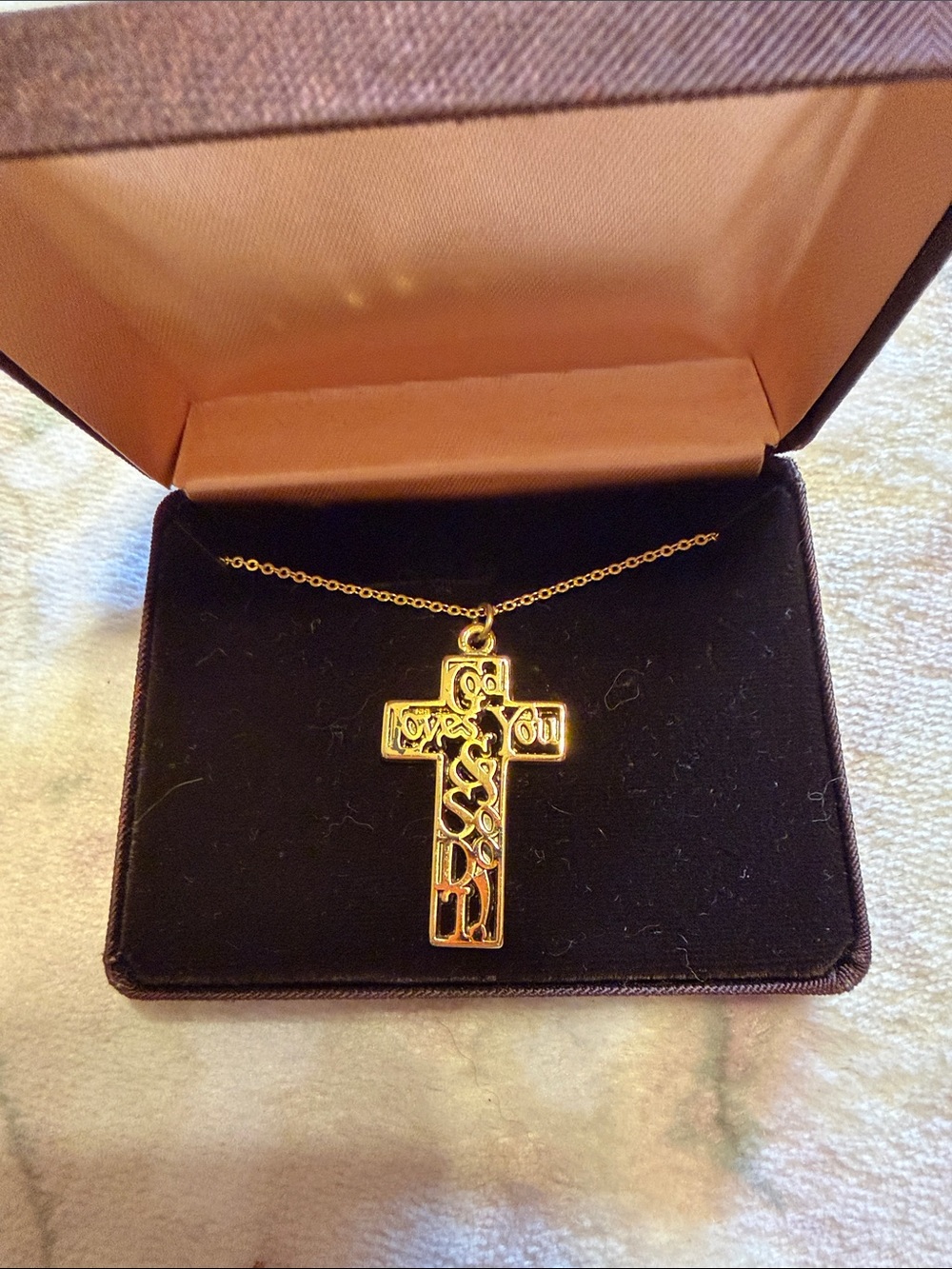 Gold tone Cross Pendant Necklace - Elegant Script Design. It says God loves you